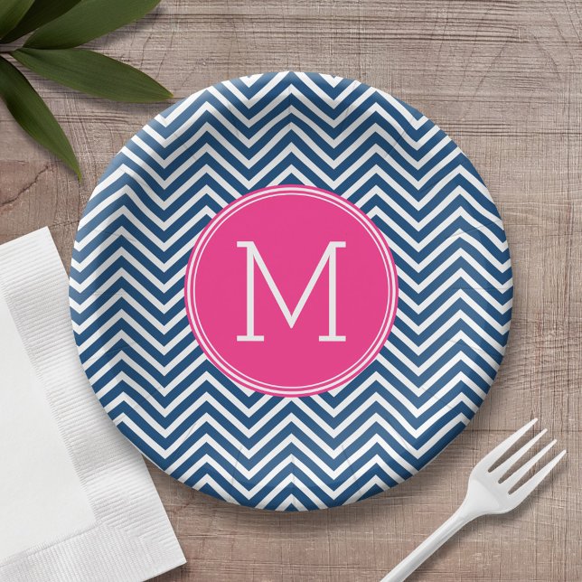 Navy Blue and Magenta Chevrons Custom Monogram Paper Plate (Personalized birthday plate with monogram)