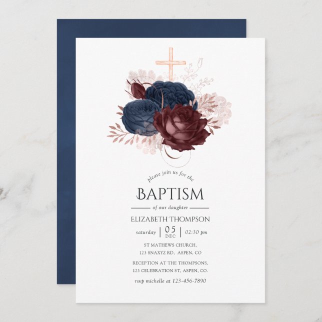 Navy Blue and Maroon Floral Baptism Invitation (Front/Back)