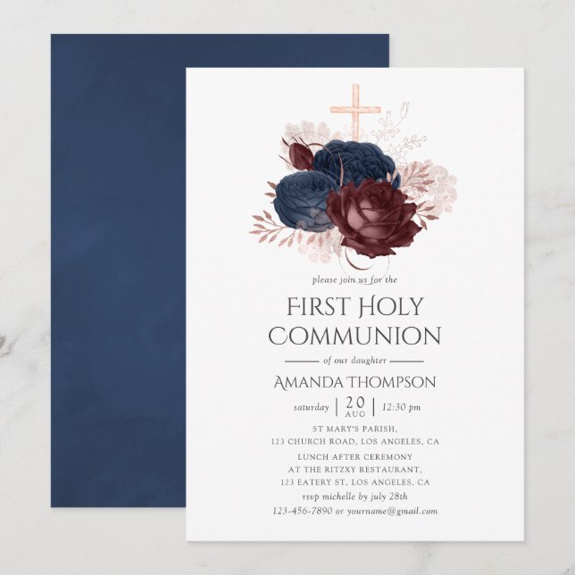 Navy Blue and Maroon Floral Holy Communion Invitation (Front/Back)
