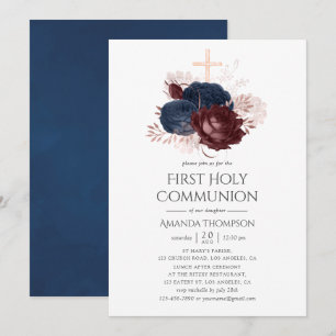 Navy Blue and Maroon Floral Holy Communion Invitation