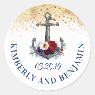 Navy Blue and Marsala Anchor Nautical Wedding Classic Round Sticker