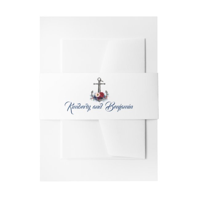 Navy Blue and Marsala Floral Anchor Wedding Invitation Belly Band (Front Example)