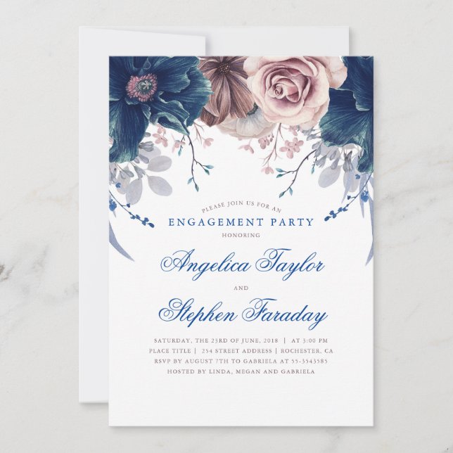 Navy Blue and Mauve Floral Engagement Party Invitation (Front)