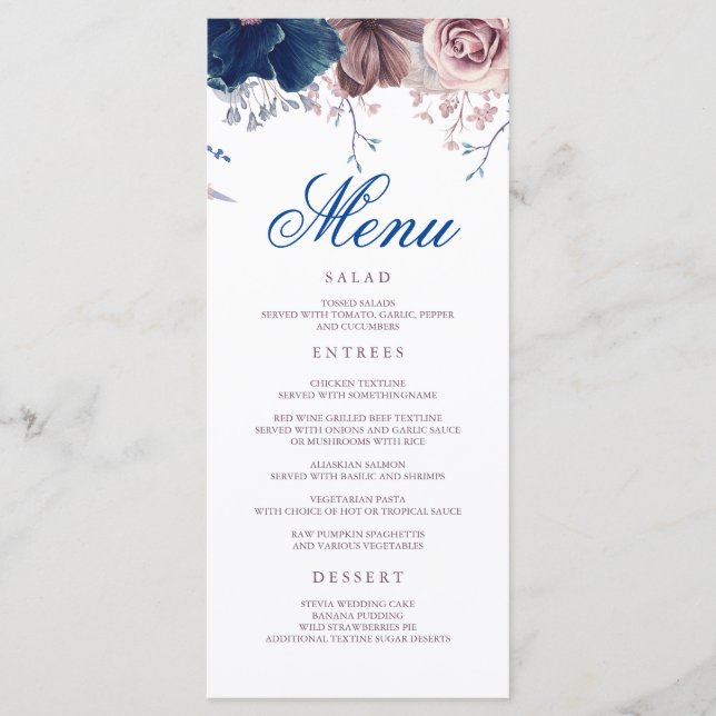 Navy Blue and Mauve Floral Modern Wedding Menus (Front)