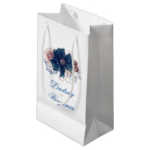 Navy Blue and Mauve Floral Watercolor Elegant Small Gift Bag