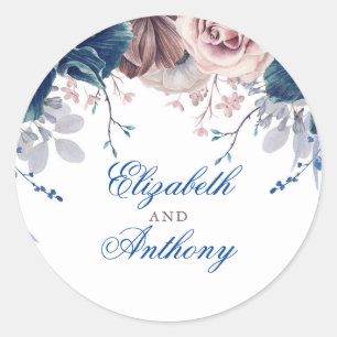 Navy Blue and Mauve Floral Wedding Classic Round Sticker