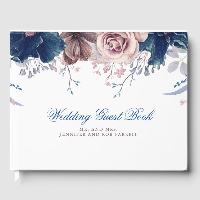 Navy Blue and Mauve Floral Wedding Guest Book (Front)