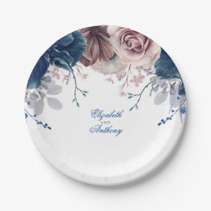 Navy Blue and Mauve Floral Wedding Paper Plate
