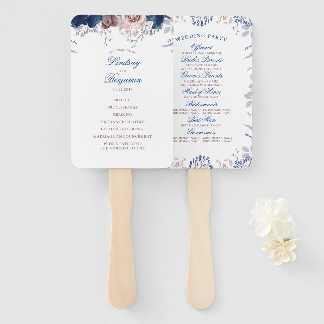 Navy Blue and Mauve Floral Wedding Program Hand Fan (Front and Back)