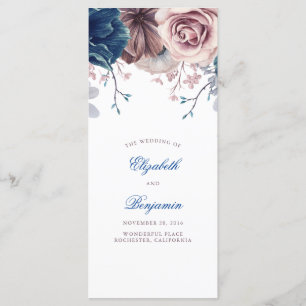 Navy Blue and Mauve Floral Wedding Programs Programme