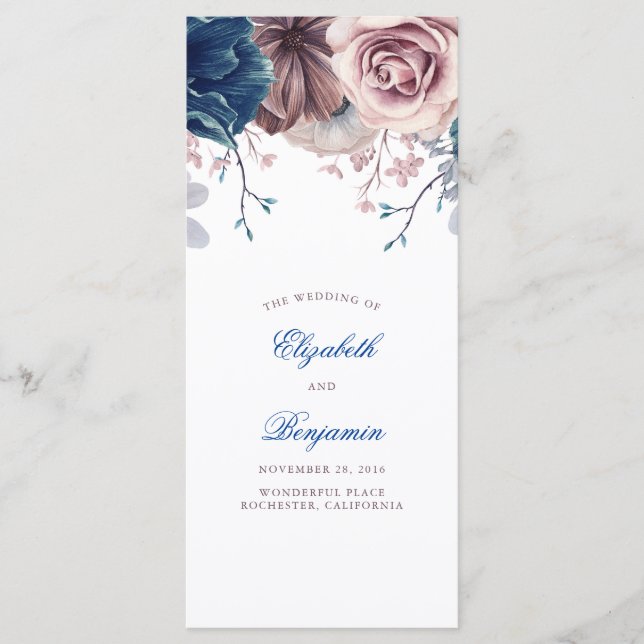 Navy Blue and Mauve Floral Wedding Programs Programme (Front)