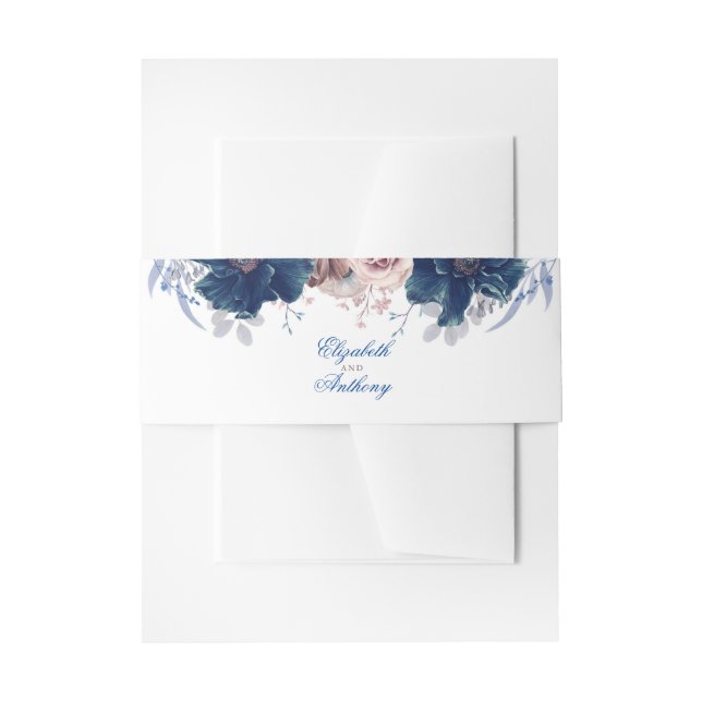 Navy Blue and Mauve Florals Invitation Belly Band (Front Example)
