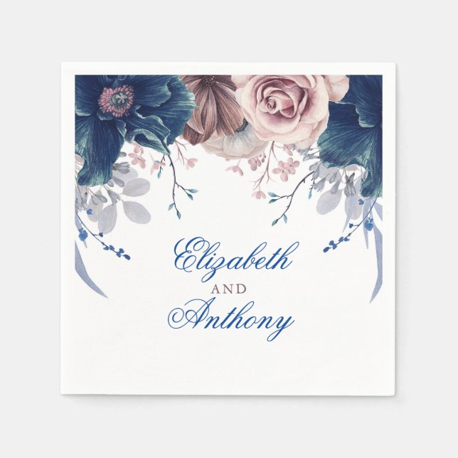 Navy Blue and Mauve Watercolor Flowers Napkin (Front)