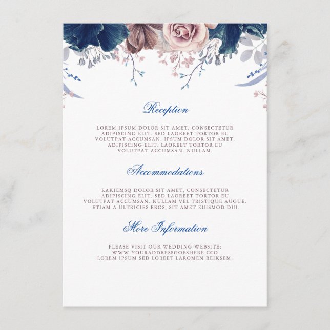Navy Blue and Mauve Wedding Information Guest Enclosure Card (Front)