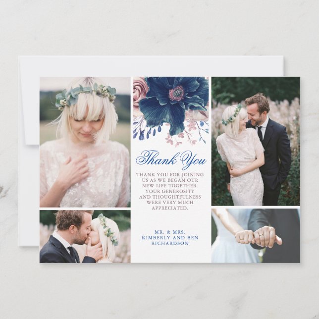 Navy Blue and Mauve Wedding Thank You Photo Invitation (Front)