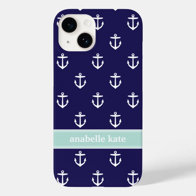 Navy Blue and Mint Cute Anchors Monogram Case-Mate iPhone Case (Back)
