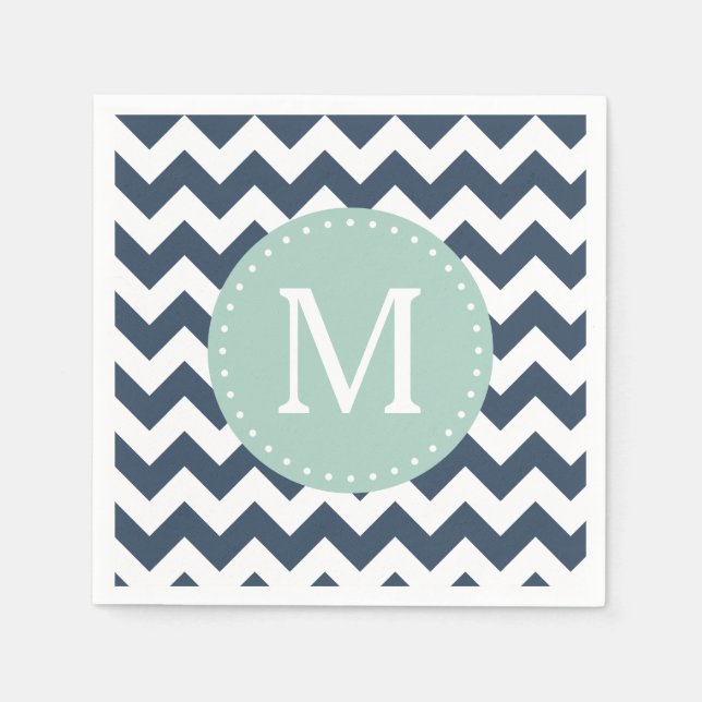 Navy Blue and Mint Green Chevron Custom Monogram Napkin (Front)