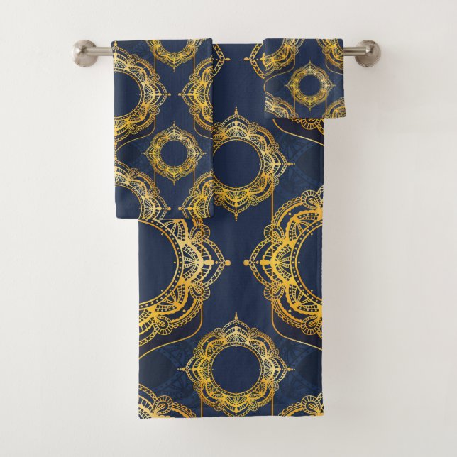 Navy Blue and or Violet with Gold Mandalas Bath Towel Set (Insitu)