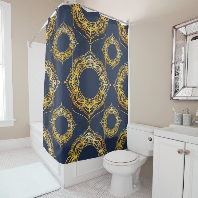 Navy Blue and or Violet with Gold Mandalas Shower Curtain (In Situ)