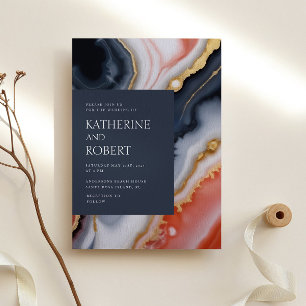Navy Blue And Orange Agate Modern Wedding Invitation
