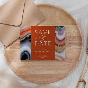 Navy Blue And Orange Agate Save the Date Invitation