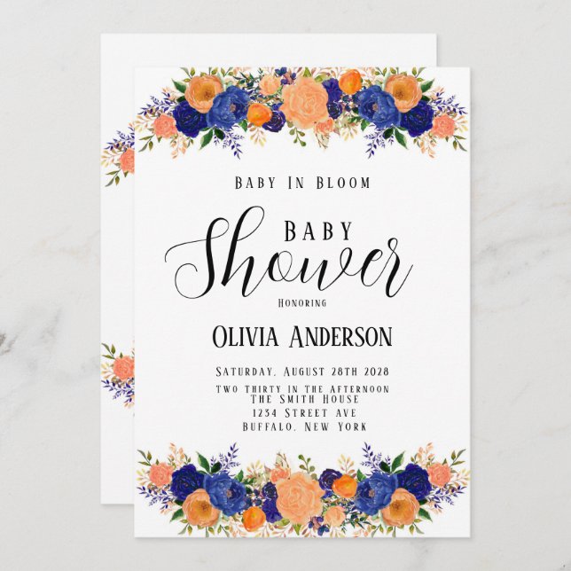 Navy Blue and Orange Baby In Bloom Baby Shower Invitation (Front/Back)