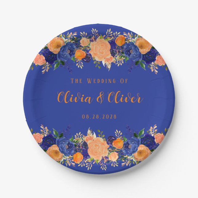 Navy Blue and Orange Botanical Floral Wedding Paper Plate (Front)
