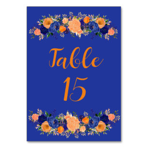 Navy Blue and Orange Botanical Floral Wedding Table Number