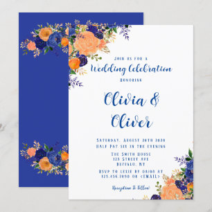 Navy Blue and Orange Botanical Florals Wedding Invitation