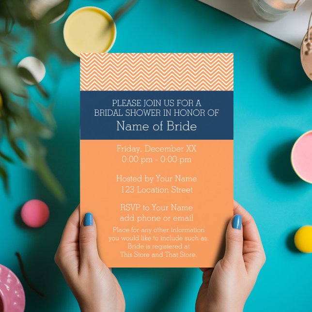 Navy Blue and Orange Chevron Pattern Bridal Shower Invitation (Bridal Shower Invitation - Orange and Navy Chevrons)