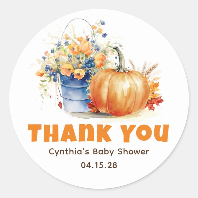 Navy Blue and Orange Fall Pumpkin Thank You Classic Round Sticker (Front)