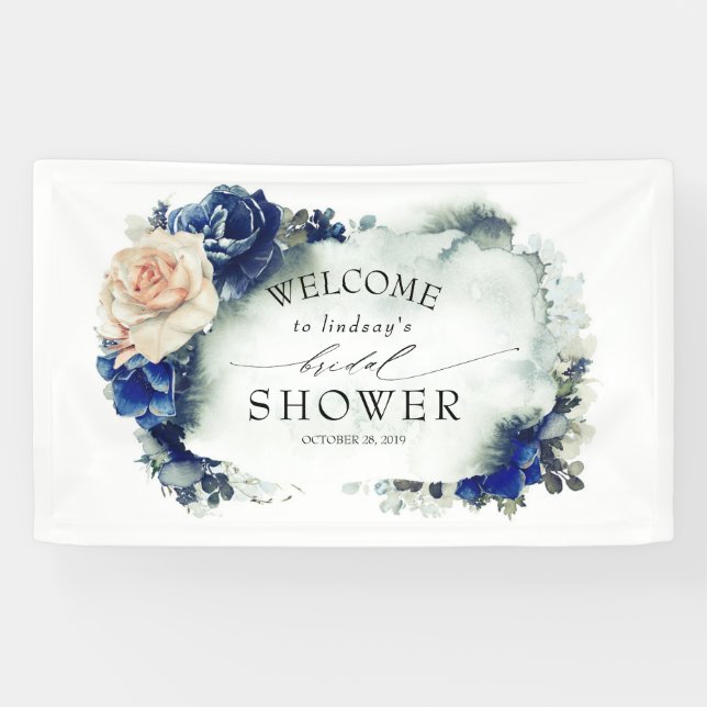 Navy Blue and Orange Floral Bridal Shower Banner (Horizontal)