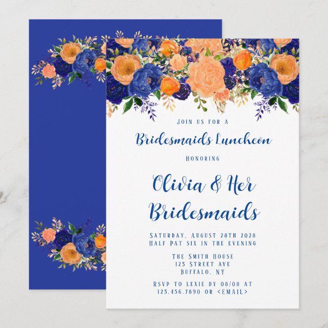 Navy Blue and Orange Floral Bridesmaids Luncheon Invitation (Front/Back)
