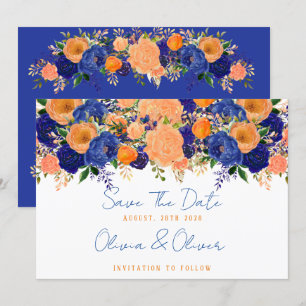 Navy Blue and Orange Floral Save The Date Invitation
