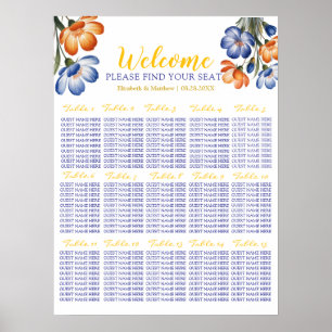 Navy Blue And Orange Floral Wedding Seating Chart