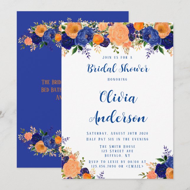 Navy Blue and Orange Florals Bridal Shower Invitation (Front/Back)