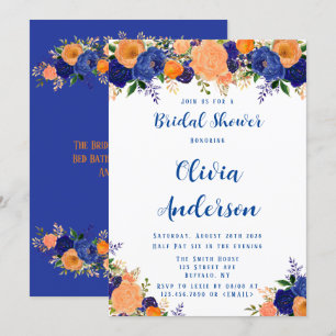 Navy Blue and Orange Florals Bridal Shower Invitation