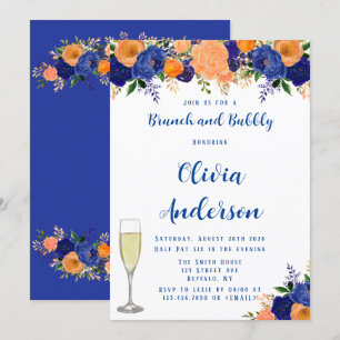 Navy Blue and Orange Florals Brunch and Bubbly Invitation