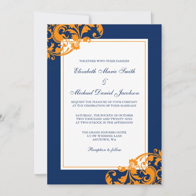 Navy Blue and Orange Flourish Swirls Wedding Invitation (Front)