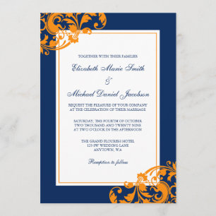 Navy Blue and Orange Flourish Swirls Wedding Invitation