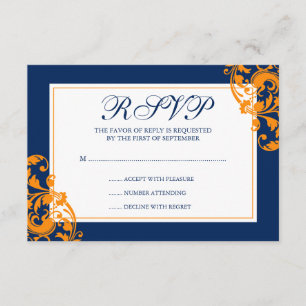 Navy Blue and Orange Flourish Swirls Wedding RSVP Card