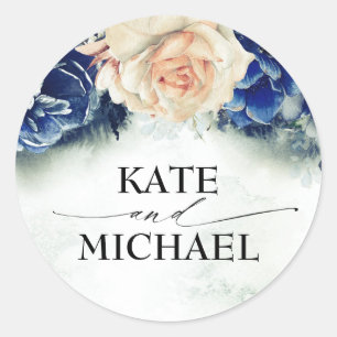 Navy Blue and Orange Flowers Elegant Modern Classic Round Sticker