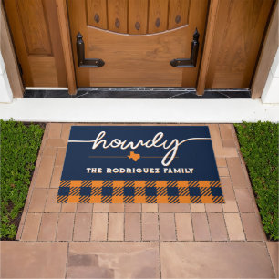 Navy Blue and Orange Howdy Buffalo Plaid Doormat