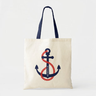 Navy-blue and orange nautical boat anchor tote bag