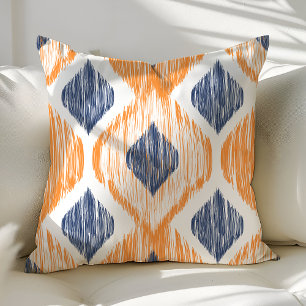 Navy Blue and Orange Ogee Ikat Pattern Cushion