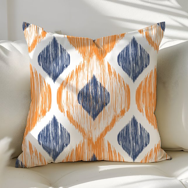 Navy Blue and Orange Ogee Ikat Pattern Cushion (Creator Uploaded)