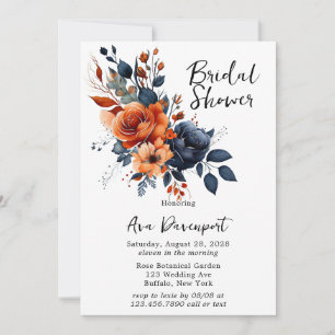 Navy Blue and Orange Peony Bridal Shower Invitation