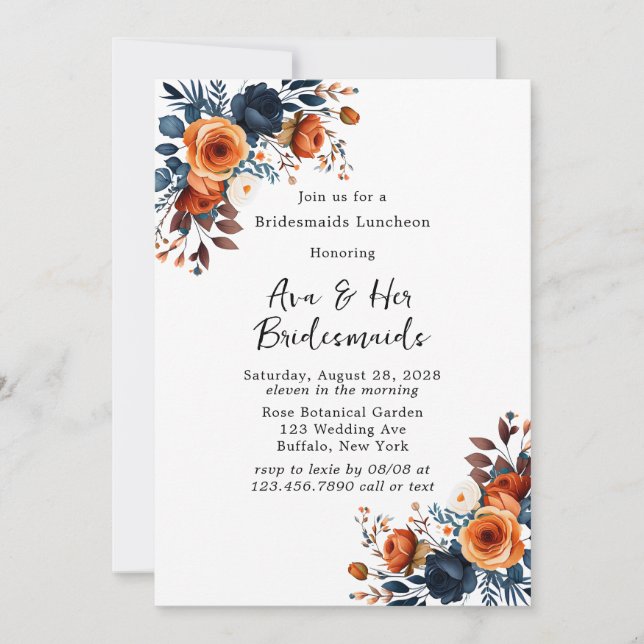 Navy Blue and Orange Peony Bridesmaids Luncheon Invitation (Front)