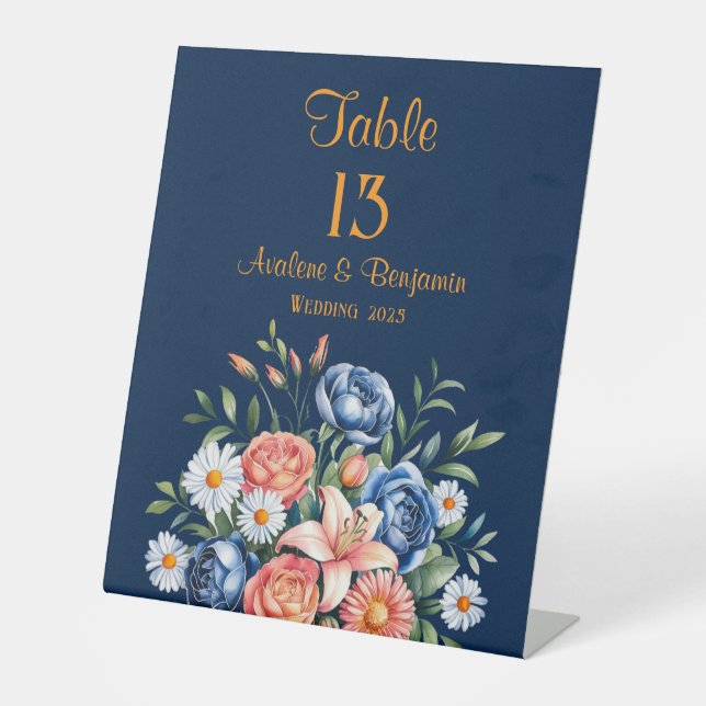 Navy Blue and Orange Peony Flower Table Number Pedestal Sign (Front)