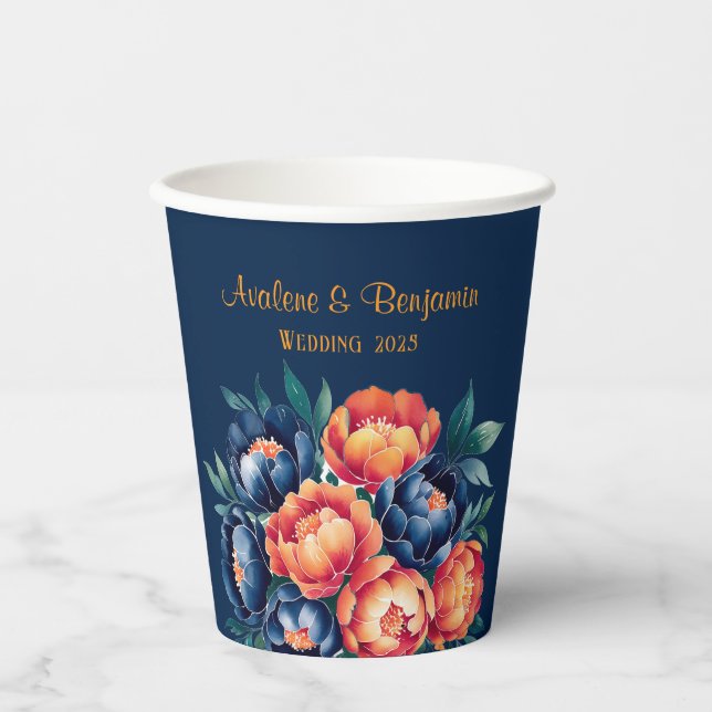 Navy Blue and Orange Peony Flower Wedding Paper Cups (Front)